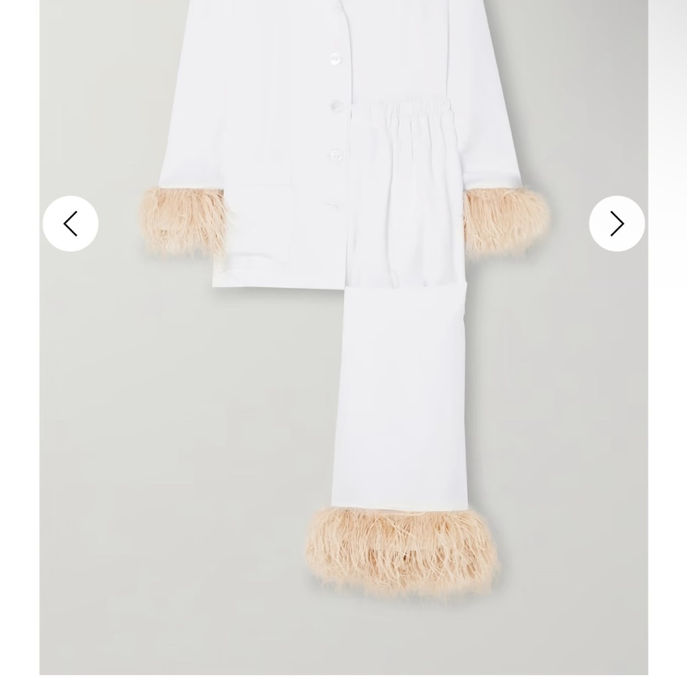 White Pajama Set with Feather Trim